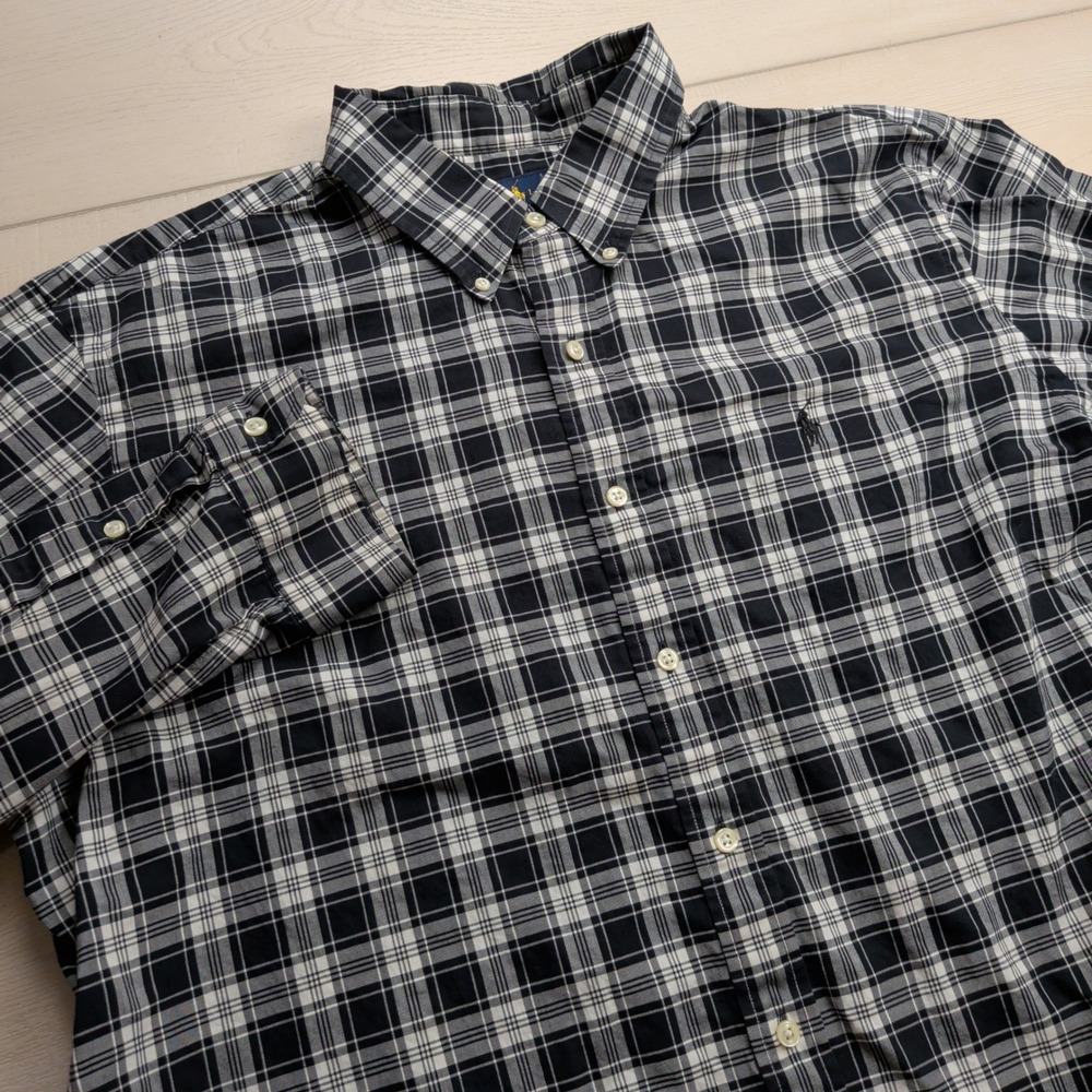 Ralph Lauren Shirt Mens XXL Black White Plaid Long Sleeve Button Down Pony Logo